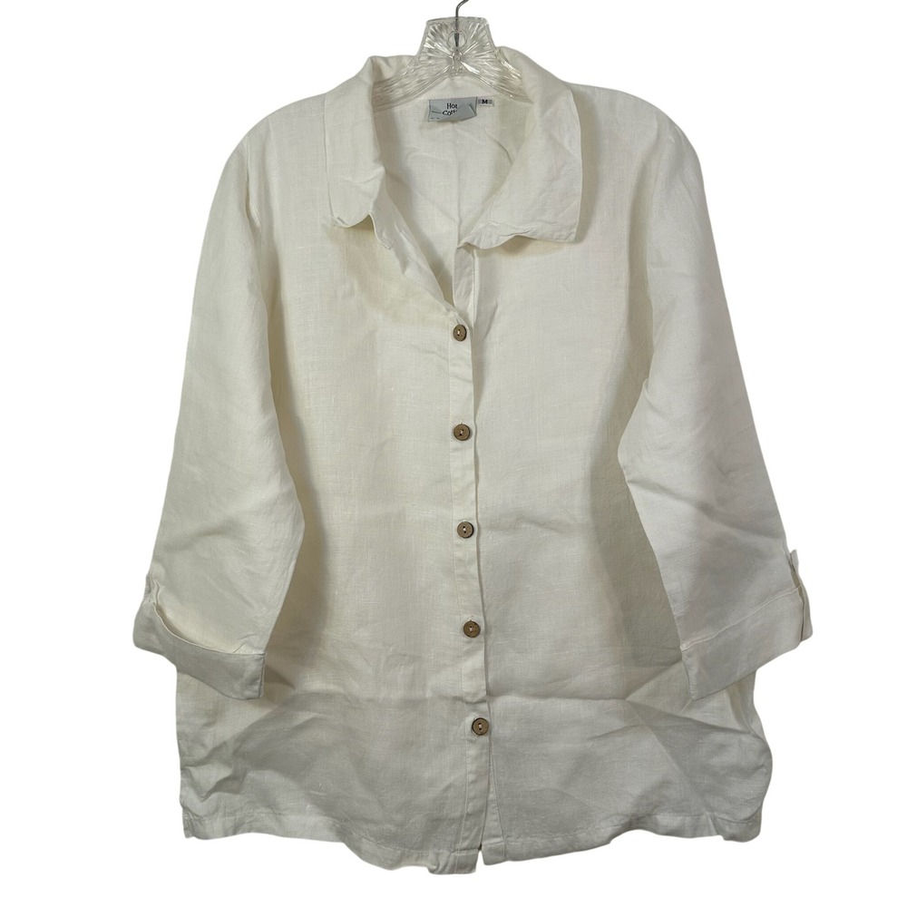 Hot Cotton by Marc Ware White Linen Button Down 3/4 Roll Tab Sleeve Shirt M